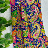 Royal Blue Paisley Embroidered Crepe Silk Fabric