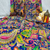 Royal Blue Paisley Embroidered Crepe Silk Fabric