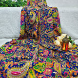 Royal Blue Paisley Embroidered Crepe Silk Fabric