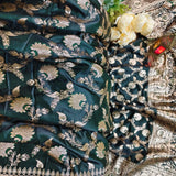 Dark Green Gold Jacquard Silk Saree