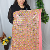 Royal Rose Pink Mirror Georgette Embroidered Fabric