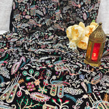 Royal Black Multicolour Embroidered Velvet Fabric