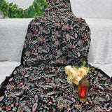 Royal Black Multicolour Embroidered Velvet Fabric