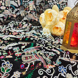 Royal Black Multicolour Embroidered Velvet Fabric