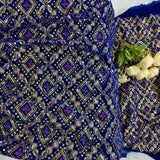 Royal Sapphire Blue Heavy Embroidered Velvet Fabric