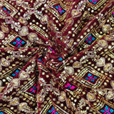 Royal Maroon Heavy Embroidered Velvet Fabric