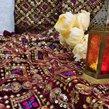 Royal Maroon Heavy Embroidered Velvet Fabric