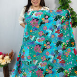 Luxury Ocean Blue Floral Crepe Silk Fabric