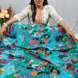 Luxury Ocean Blue Floral Crepe Silk Fabric