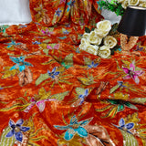 Luxury Burnt Orange Floral Crepe Silk Fabric