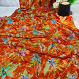 Luxury Burnt Orange Floral Crepe Silk Fabric