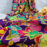 Royal Purple Crepe Silk Floral Embroidered Fabric