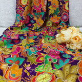 Royal Purple Crepe Silk Floral Embroidered Fabric