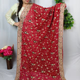 Ruby Red Embroidered Georgette Saree