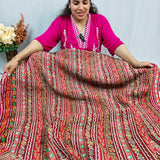 Ruby Red Floral Stripe Silk Crepe Fabric with Zari Embroidery