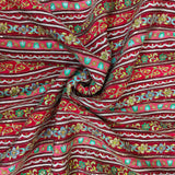 Ruby Red Floral Stripe Silk Crepe Fabric with Zari Embroidery