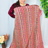 Ruby Red Floral Stripe Silk Crepe Fabric with Zari Embroidery