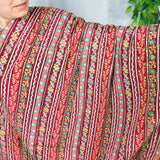 Ruby Red Floral Stripe Silk Crepe Fabric with Zari Embroidery