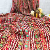 Ruby Red Floral Stripe Silk Crepe Fabric with Zari Embroidery