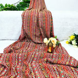 Ruby Red Floral Stripe Silk Crepe Fabric with Zari Embroidery