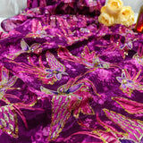 Purple Floral Silk Crepe Fabric with Sequin Embroidery