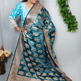 Teal Blue Banarasi Silk Saree with Silver Zari Floral Weaving