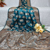 Teal Blue Banarasi Silk Saree with Silver Zari Floral Weaving