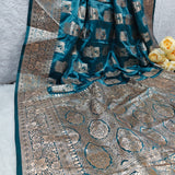 Teal Blue Banarasi Silk Saree with Silver Zari Floral Weaving