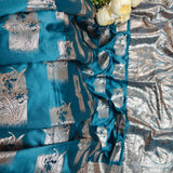 Teal Blue Banarasi Silk Saree with Silver Zari Floral Weaving