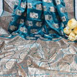Teal Blue Banarasi Silk Saree with Silver Zari Floral Weaving