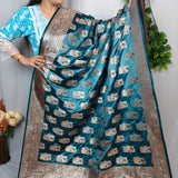 Teal Blue Banarasi Silk Saree with Silver Zari Floral Weaving