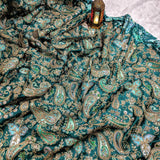 Emerald Green Paisley Embroidered Silk crepe Fabric