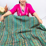 Turquoise Floral Stripe Crepe Silk Fabric