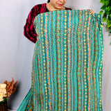 Turquoise Floral Stripe Crepe Silk Fabric