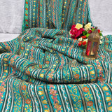 Turquoise Floral Stripe Crepe Silk Fabric