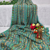 Turquoise Floral Stripe Crepe Silk Fabric