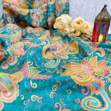 Turquoise Floral Silk Jacquard Fabric